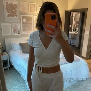 Reformation Flora Ribbed White crop wrap top size small